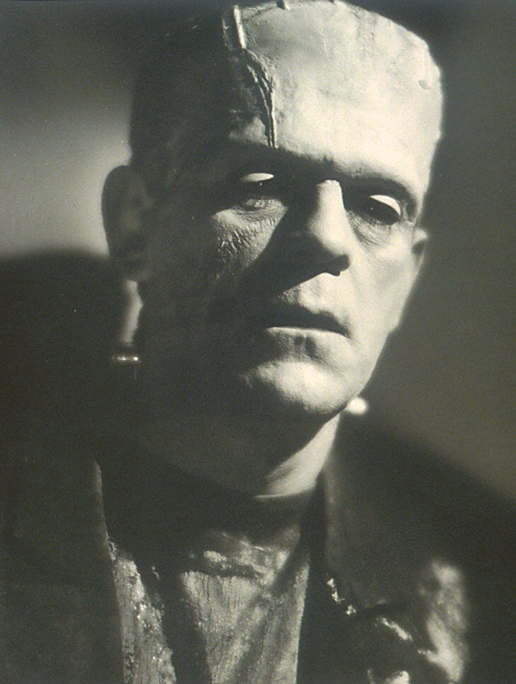 A black and white photo of Frankenstein