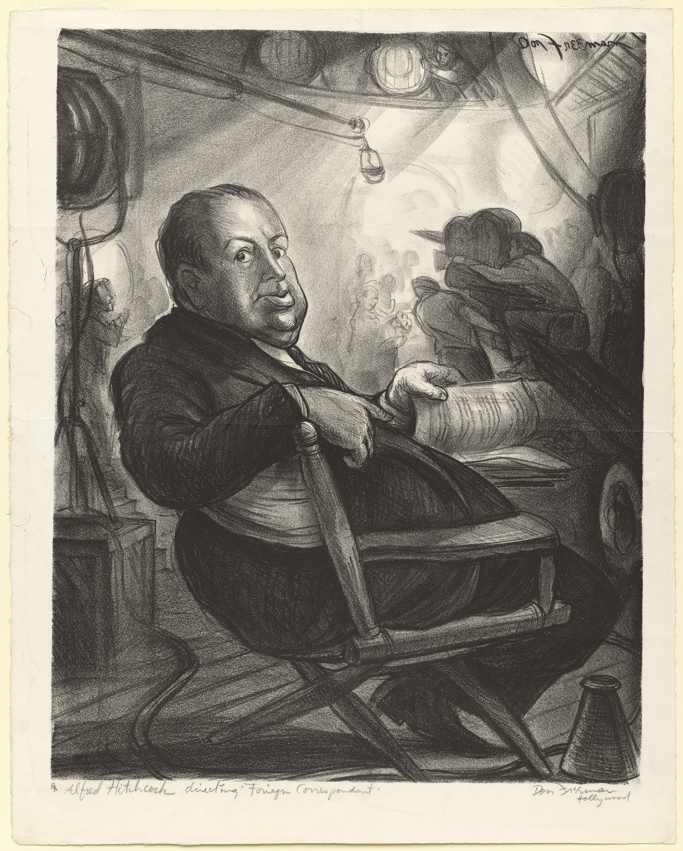 Drawing of a large man seated in a chair with a film set behind him