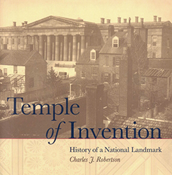 Book cover of "Temple of Invention" with black and white photo of old Patent Office Building