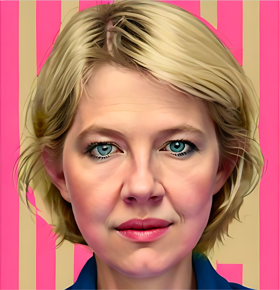 AI generated headshot of a blond woman against a pink-striped background
