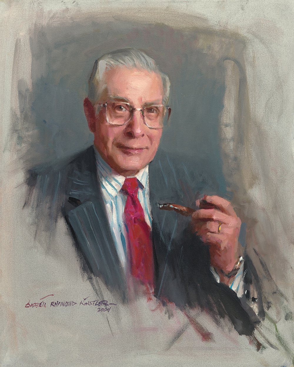 bust length painting of a gray-haired man with glasses holding a pipe