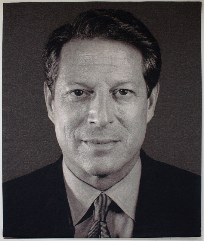 black and white tapestry of a man with dark hair wearing a suit