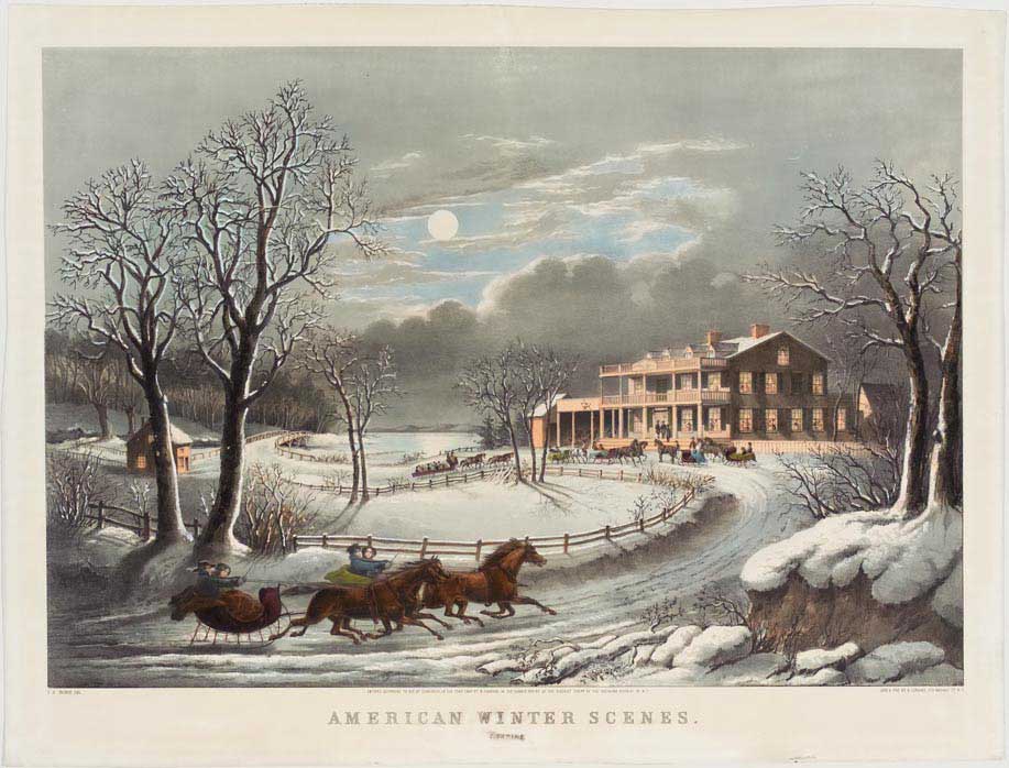 A drawing of a couple riding a sled through a snow covered forest