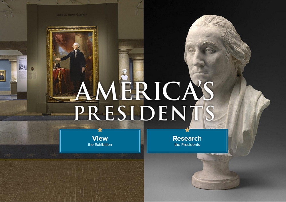 image of exhibition installation and a bust of george washington