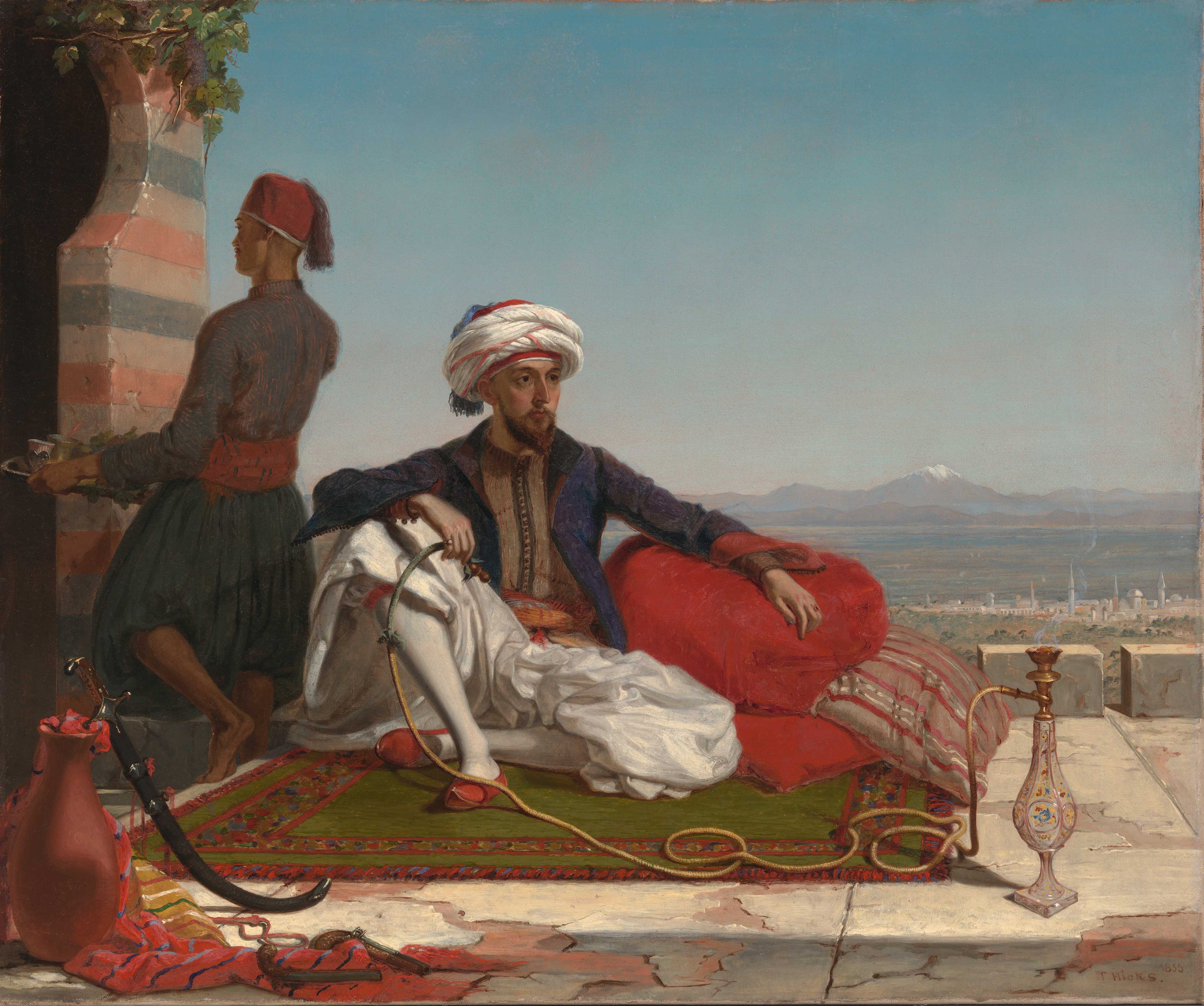 Painting of a man in reclining on pillows and smoking a hookah with the city of Damascus in the background