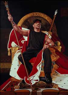 Painted portrait of Ice T, sitting on a thrown with robe and septre and spear