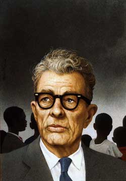 Painted portrait of Everett Dirksen, black horned rimmed glasses, looking into diistance