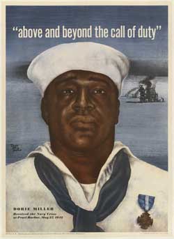 African American in white navy uniform with words above saying "Above and Beyond the Call of Duty"