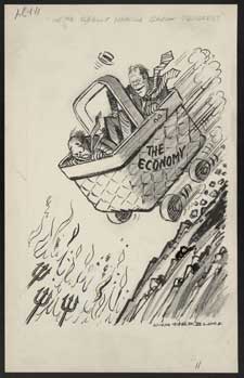 Political cartoon of Gerald Ford riding quickly downhill in a basket labeld "The Economy"