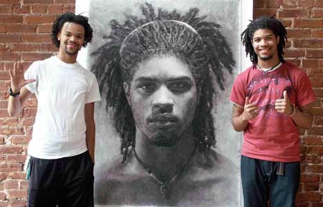 Photograph of two men in front of portrait