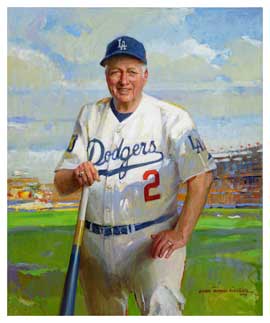 Painted portrait of Tommy Lasorda, in Dodgers uniform