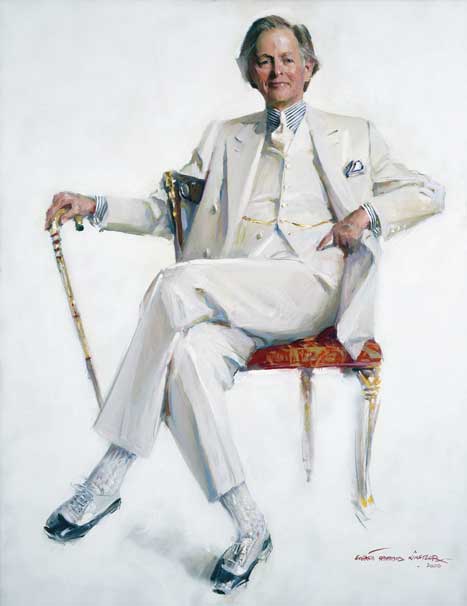 Blog_tom_wolfe Painted portrait of Tom Wolfe, sitting in chair, wearing white suit and holding a cane