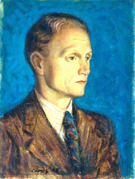 Painted portrait of Robert Penn Warren, with bright blue background