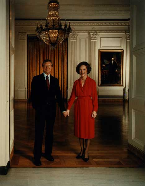Blog_rosalynn_carter_portrait Rosalynn and Jimmy Carter standing together in the White House, holding hands