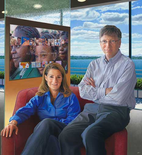 Painted portrait of Bill and Melinda Gates in their home, lake in background