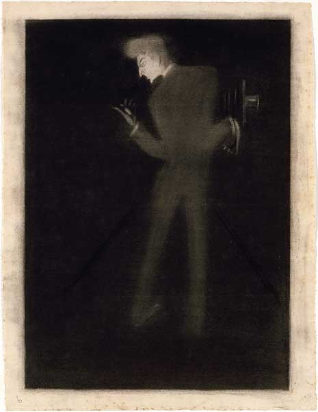 Blog_fallon1 Drawing of Paul Haviland -- a dramatic figure on black background, positioned with his back to the viewer,