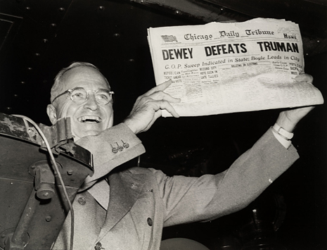 Deweytruman Black and white photo of Harry Truman holding newspaper with headline "Dewey Defeats Truman"