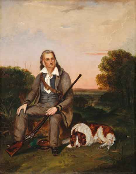 Malowany portret Johna Jamesa Audubona, niosącego karabin i z psem