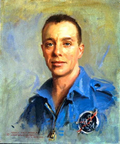 Painted portrait of Alan Bartlett Shepard, Jr. in astronaut uniform