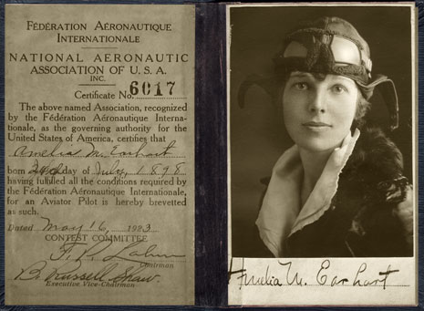 Blog_summer2012_update_Amelia Black and white photo of Amerlia Earhart wearing aviation gear