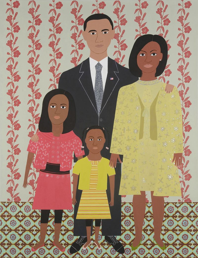 The Obama family, group portrait -- artwork made with acrylic gouache, collage and pencil on paper