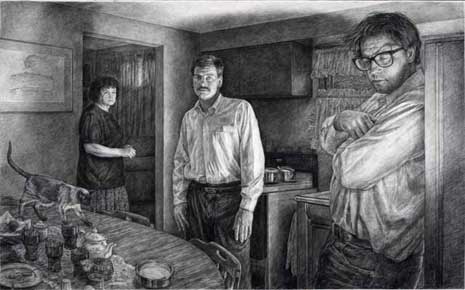 Drawing of three people in a kitchen