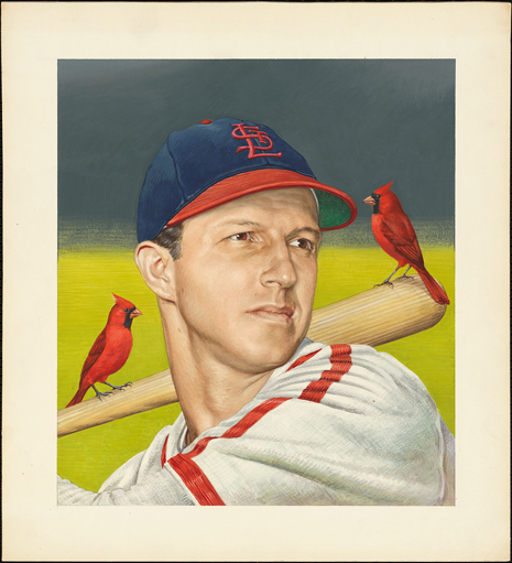 Blog_musial Painting of Stanley Frank Musial in a St. Louis baseball uniform holding a bat with cardinals