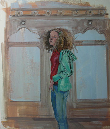 Painting of a young girl in a teal jacket standing in front of the wall of a building, from left.