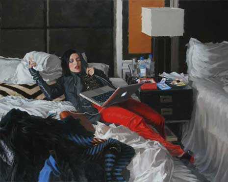 Painting of a woman in red pants lying on a bed with a white comforter, computer at her lap, in a bedroom