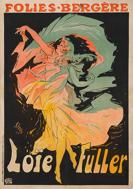 Blog_fuller_full Poster advertising Loie Fuller, showing a cartoon depiction of a woman dancing beneath the words "Folies-Bergere."