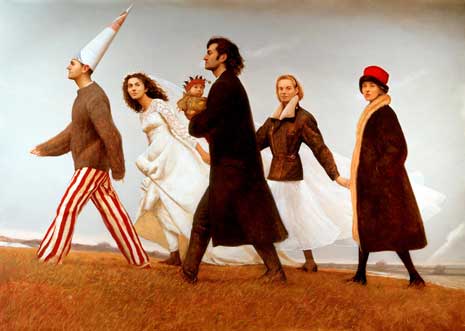 Painting of two men and three women walking up a grassy hill, from left. One man carries a baby.