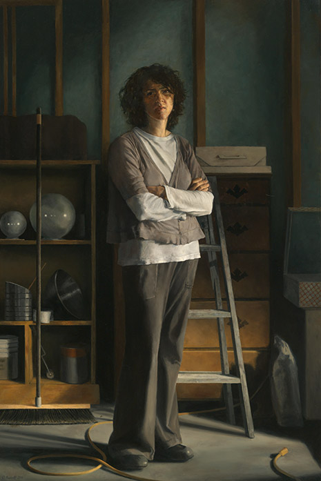 Full-body painting of a woman standing in an unfinished basement near a tool shelf and a step ladder