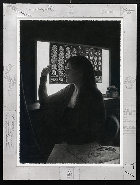 Charcoal self-portrait of Leslie Adams seated  in front of various transparent scans of the human brain.