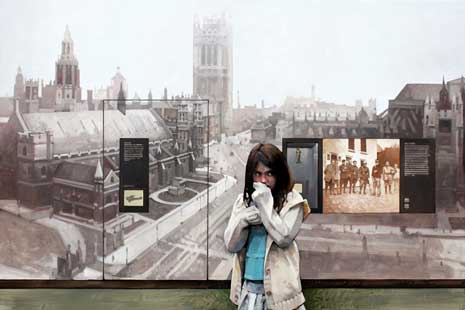 Painting of a young girl standing in front of a cityscape image in a museum, with wall labels