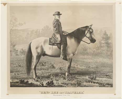 Blog_lee_lithograph Black and white print of Robert E. Lee on horseback in civilian clothing, from right.