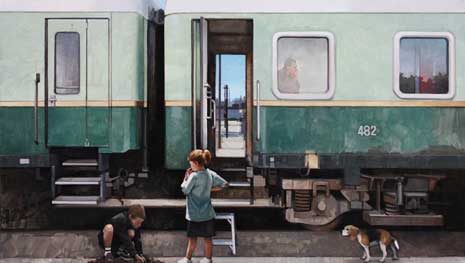 Painting of two young children and a dog next to a train.