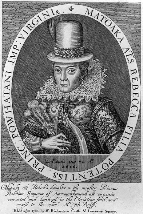 Black and white engraved print of Pocahontas in British clothing, her image framed in an oval window with supporting text.