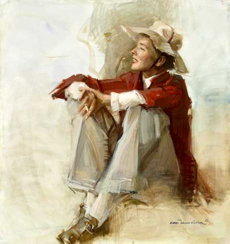 Blog_hepburn_kinstler_painting Painting of Katharine Hepburn againsta neutral background, seated, smiling, wearing a hat