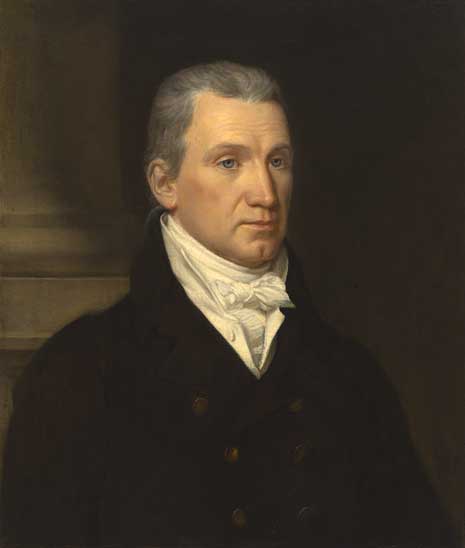 Painting from the chest up of James Monroe in a dark suit, in front of a pillar.