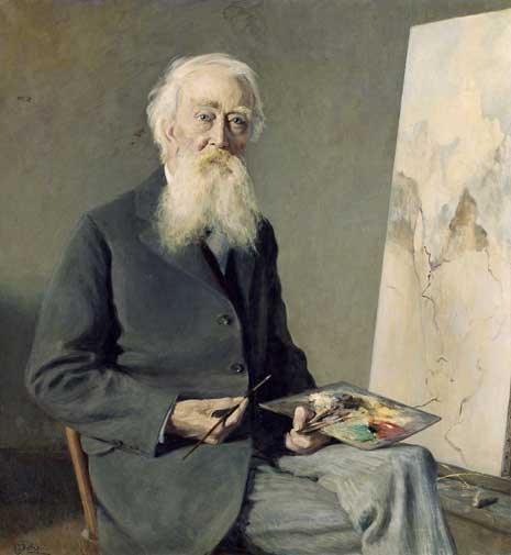 Blog_thomas_moran Painting of Thomas Moran, seated, working on a painting and holding an artist's palette