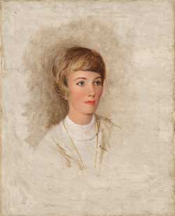 Painting of Julie Andrews from the shoulders up, with short hair, wearing a white sweater, framed in a neutral background.