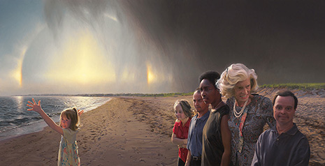 Eunice Painted portrait of Eunice Kennedy Shriver on a beach with five developmentally disabled children