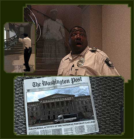 Photoshopped image of museum security guard with Washington Post newspaper and a ghost in the background