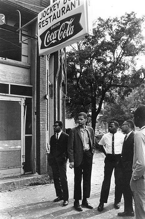 Blog_remembering_birmingham John Lewis and Julian Bond, with other African American activists, outside restuarant
