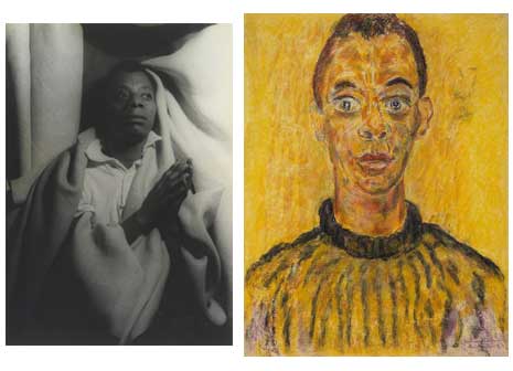 Blog_james_baldwin_comparison Two portraits side by side, left is black and white photo of James Baldwin under a blanket, right is painting of James Baldwin with yellow background