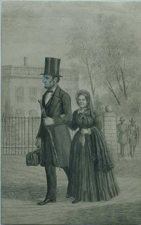 Lincoln_with_mary_todd Ink and paint artwork of Abraham and Mary Todd Lincoln, dressed formally, walking on a street outside the White House.