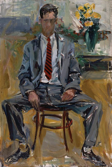 Fairfield Portrait of Fairfield Porter sitting in a chair in front of a flower pot, with his hands at his lap, wearing a gray suit.