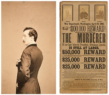 Photograph portrait of John Wilks Booth and poster readeing "$100,000 Dollar Reward"