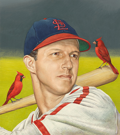 Musial Painted portriat of Stan Musial, with two cardinals perched on his bat