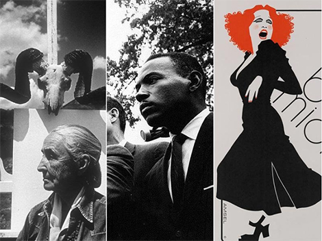 Three portraits: Georgia O' Keefe portrait, James Meredith portrait, and Bette Midler poster 